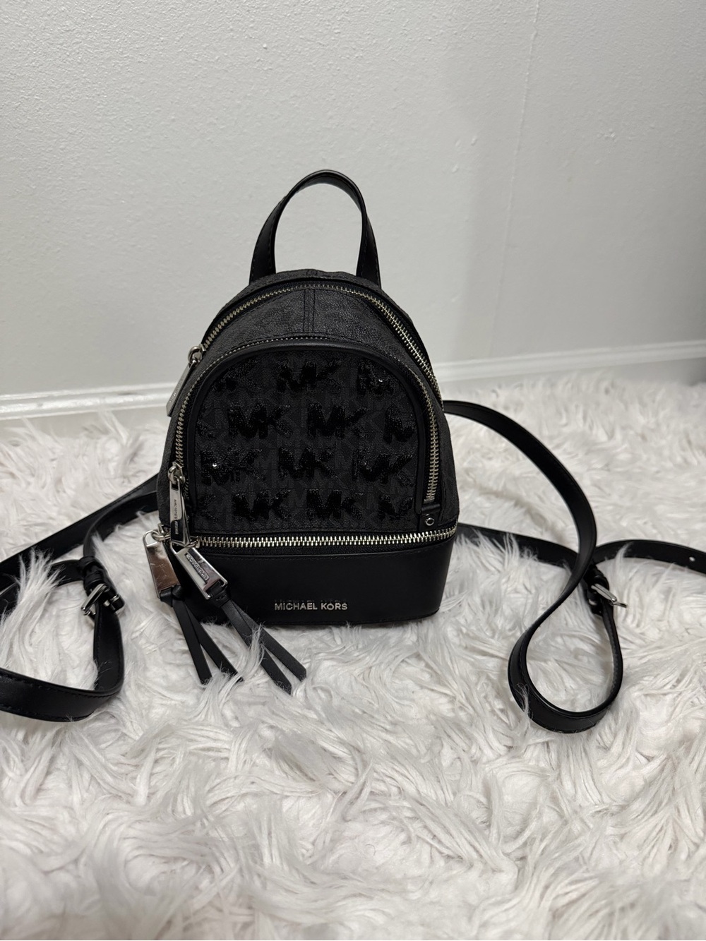 Michael Kors Black MK Sequin Mini Backpack Convertible Bag